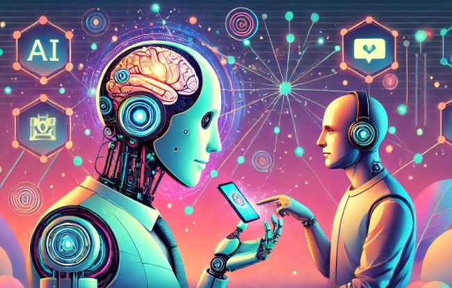 An AI-generated graphic of a robot holding a phone up to a person wearing headphones, making a selection on the phone screen